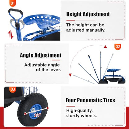 Rolling Garden Cart with Seat, Garden Workseat with 360-Degree Swivel - color: Blue