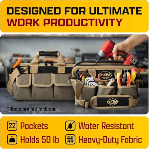 Ryker 14’’ Heavy Duty Tool Bag. Tool Box Organizer for Electricians & HVAC - color: Khaki