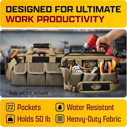 Ryker 14’’ Heavy Duty Tool Bag. Tool Box Organizer for Electricians & HVAC - color: Khaki