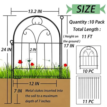 Decorative Garden Fence, 10 Panels, 17 in x 13 ft, Rustproof Metal No Dig Animal Barrier, Arched Wire Border Edging for Yard Patio