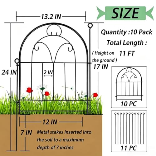 Decorative Garden Fence, 10 Panels, 17 in x 13 ft, Rustproof Metal No Dig Animal Barrier, Arched Wire Border Edging for Yard Patio
