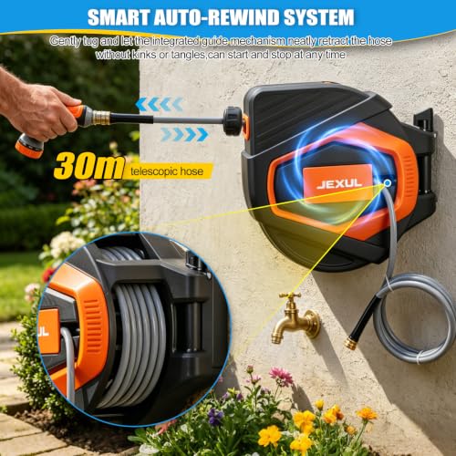 Retractable Garden Hose Reel 1/2 Inch x 100+10 ft, Wall Mount Metal Base