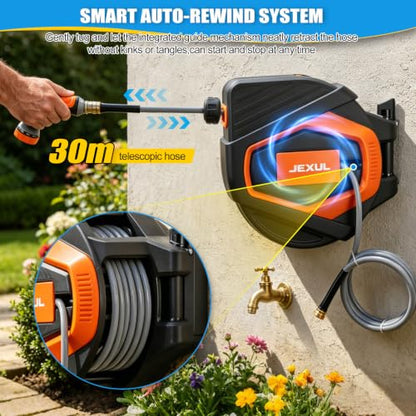 Retractable Garden Hose Reel 1/2 Inch x 100+10 ft, Wall Mount Metal Base