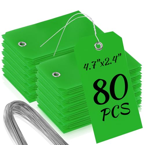 80 Pcs Plastic Tags with Wire for Labeling, Waterproof Blank Shipping & Price Tags Bulk with Metal Eyelet and String, 4.7"x2.4" for Home Office Warehouse Farm Garden Luggage (Green) - color: Green