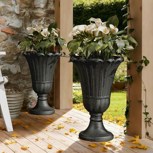 24" Tall Urn Planters for Outdoor Plants, Urns and Pedestal, Black - color: Black-sandblasting