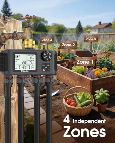 Insoma 4 Zones Sprinkler Timer with Brass Inlet, Water Timer for Garden Hose with Auto/Manual/Rain Delay Mode, Hose Timers for Irrigation Watering System for Yard, Lawn, Plant Watering