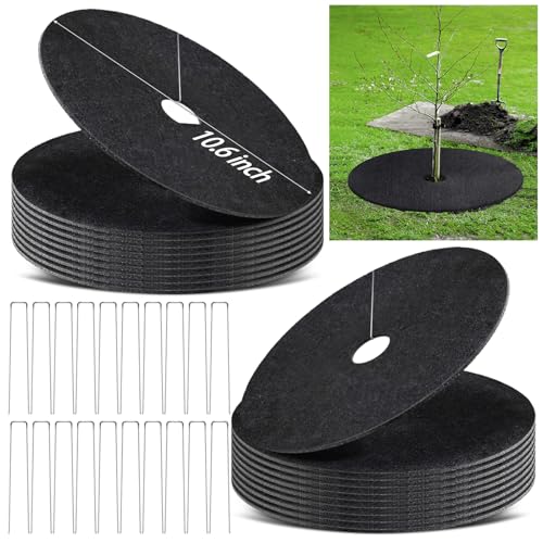 20Pack Non-Woven 11 Inch Tree Mulch Rings with 20 Staples Stakes - color: Black 11IN