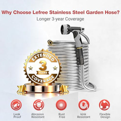 Lefree 150ft Stainless Steel Garden Hose with 10 Function Spray Nozzle - color: Gray, size: 150FT