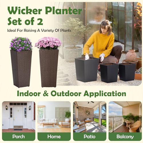 IDZO Wicker Planters, 24-Inch Tall Square Rattan Flower Pots, Mocha, 2PCS - color: Mocha Square, style: No Assembly Required