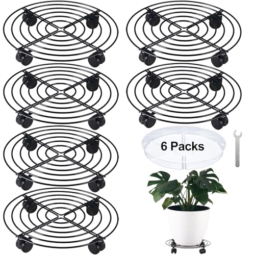 6 Packs 13 Inches Large Metal Plant Caddy with Wheels Rolling Plant Stands Heavy-duty Wrought Iron Plant Roller Base Pot Movers Plant Saucer on Wheels Indoor Outdoor Plant Dolly with Casters Planter Tray - color: Black, size: 13 inches