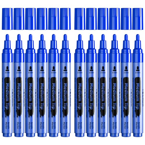 12 Blue Paint Pens - Permanent Acrylic Paint Markers, Medium Tip - color: Blue