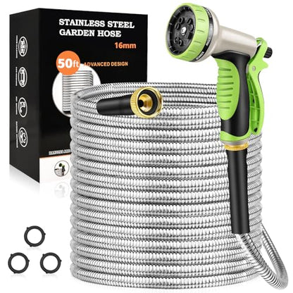 GOXAWEE 50FT Garden Hose, Stainless Steel Water Hose, 10 Function Nozzle - size: 50FT