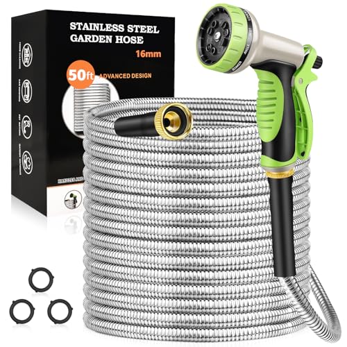 GOXAWEE 50FT Garden Hose, Stainless Steel Water Hose, 10 Function Nozzle - size: 50FT