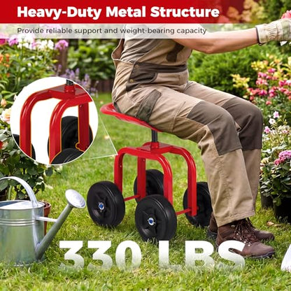 IRONMAX Garden Cart with Adjustable Seat & 4 Flexible Wheels, Red - color: Red
