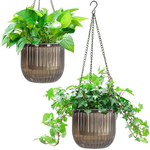 Melphoe 2 Pack Self Watering Hanging Planters Indoor Flower Pots, 6.5 Inch Outdoor Hanging Plant Pot Basket, Plant Hanger with 3Hooks Drainage Holes for Garden Home (Gray) - color: Gray, size: 6.5''+6.5''