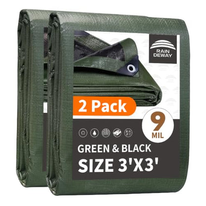 RAINDEWAY Small Tarps 3x3 Feet(2 Pack),9Mil Green/Black Tarp Waterproof - color: Green/Black, size: 3x3 Feet (2 Pack)-Finished size