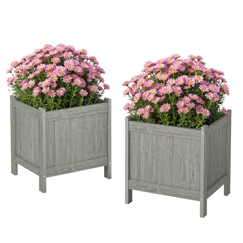LUE BONA Outdoor Plant Pots Set of 2, 13.8" x 12.6" x 14.6" HDPS Flower Pots with Drainage Holes, Outdoor Planter Box for Outdoor Plants - Porch Patio, Garden or Entryway, Light Gray-Oil Printed - color: Light Gray-oil Printed