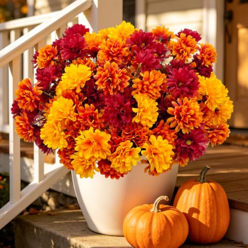 Fake Mums Artificial Fall Flowers for Outdoor Decorations, 6 Bundles UV Resistant Fake Fall Flowers Faux Mums for Outdoor Planters Front Porch Garden Home Table Centerpiece Autumn Decor