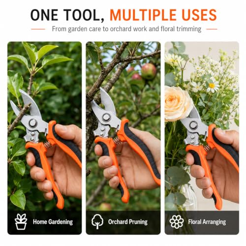 Labor-saving Pruning Shears, Carbon Steel Garden Pruner, Ergonomic Non Slip Hand Pruning Scissors with Safety Lock for Plant Stem Flower Shrub Orchard Home Gardening Trimming