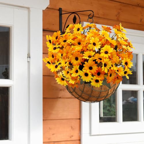 8 Bundles Yellow Flowers Artificial Black Eyed Susans Mums for Outdoors - color: Yellow and Orange