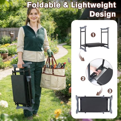 Garden Kneeler and Seat, Extra Wide Thick EVA Pad, Heavy Duty Foldable Garden Bench Holds 350lbs, Ergonomic Kneeling Stool with Garden Tool Pouches, Gardening Gifts for Women, Men, Seniors - color: Beige & Coffee Brown