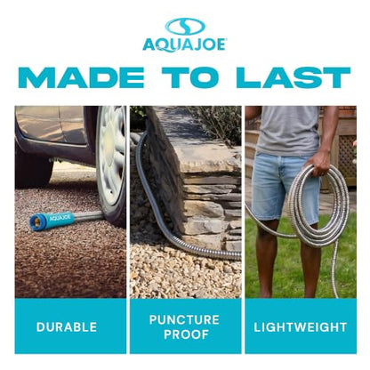 Aqua Joe 50-Foot Heavy Duty Garden Hose, Spiral 304 Stainless Steel Metal Hose, Puncture Proof, 1/2 Inch Diameter with Aluminum Fittings, AJSGH50