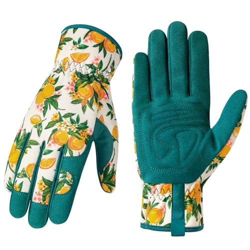 Gardening Gloves for Women, Breathable Leather Garden Gloves,Gardening Gift - color: Green - Orange