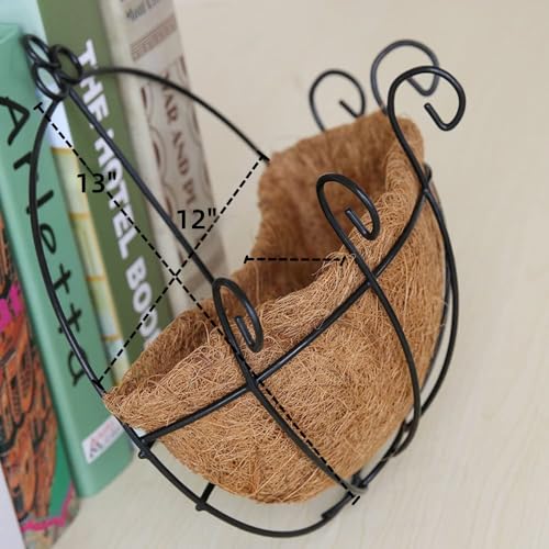 Metal Half Round Wall Planter with Coco Liner, 2-Pack, Hanging Basket for Outdoor Plants, Wall Pot Plants Holder, Fence Hanging Planters Outdoor, Balcony and Porch Decor (12" x 2 Pack) - size: 12" x 2 Pack