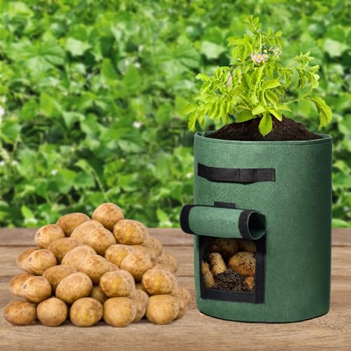 Delxo 5 Pack 7 Gallon Potato Growing Bags, Planter Garden Grow Bags with Flap, Double Layer Breathable Nonwoven Cloth for Planting,Vegetable,Tomato,Aeration Fabric Pots with Handles Green - size: 7 Gallon