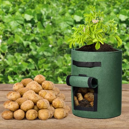 Delxo 5 Pack 7 Gallon Potato Growing Bags, Planter Garden Grow Bags with Flap, Double Layer Breathable Nonwoven Cloth for Planting,Vegetable,Tomato,Aeration Fabric Pots with Handles Green - size: 7 Gallon