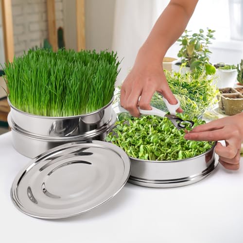 Tlence 9" Stackable Stainless Steel Seed Sprouting Kit, 3-Tier Mesh Germination Tray, Seed Sprout Grower with Lid Base, Microgreens Propagator for Beans Peas Broccoli Wheat Grass, Soil Free