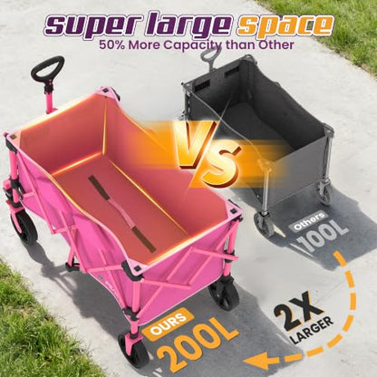 Wagons Carts Foldable,Collapsible Wagon with Wheels,450LBS Heavy Duty Beach Wagon Cart,Lightweight Portable Folding Utility Wagon Cart with Cup Holders for Camping, Garden, Sports, Grocery pcs (Pink) - color: Pink