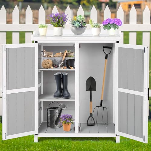 Outdoor Wooden Storage Cabinet with Metal Tabletop, Garden Potting Bench Table with Adjustable Shelf, Weather-Resistant Patio Cabinet for Garden, Lawn, and Backyard