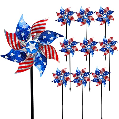 Hausse 10 Pack Reflective Pinwheels Patriotic Decorations (Assembly Required), American Flag Wind Spinner with Stake for Independence Day, Memorial Day July of 4th, Scare Birds Repellent Devices - color: Red, Blue, White