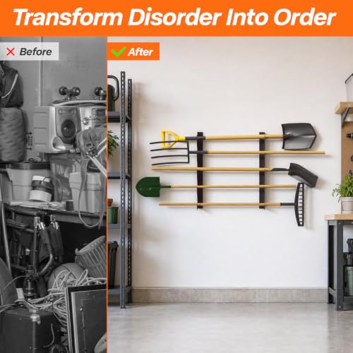 TVKB Garage Tool Organizer Wall Mount, Heavy Duty Shed & Yard Organization Racks for Walls, Horizontal Tool Rack for Shovels, Rakes, Brooms & Long Handled Tools