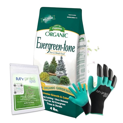 Espoma ET8 Organic Evergreen-Tone 4-3-4; 8 lb with My Garden Pool PH Soil Test Strips 20 ct, and My Garden Pool Gardening Claw Gloves and Garden-IQ, Smart Gardening AI Assistant!