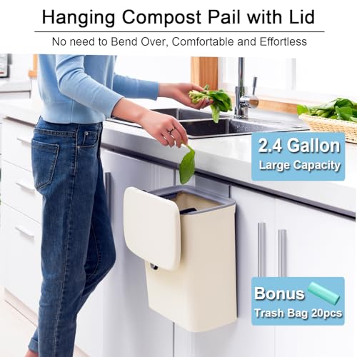 Tiyafuro 2.4 Gallon Kitchen Compost Bin for Counter Top or Under Sink, Hanging Small Trash Can with Lid for Cupboard/Bathroom/Bedroom/Office/Camping, Mountable Indoor Compost Bucket, Beige - color: Beige