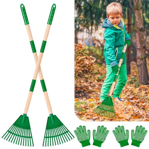 2 Pcs 35'' Kids Rakes for Leaves - Plastic Rake Head with 2 Pairs Kids - color: Green-2 Pack