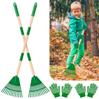 2 Pcs 35'' Kids Rakes for Leaves - Plastic Rake Head with 2 Pairs Kids - color: Green-2 Pack
