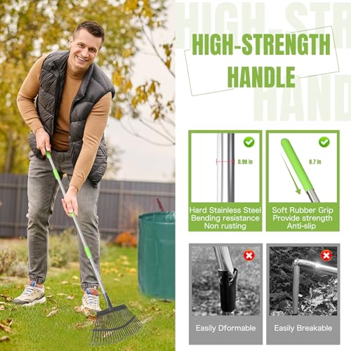 65 Inch 25 Tines Metal Leaf Rake Set with 32 Gal Bags Scoops, 18in Wide - style: Green