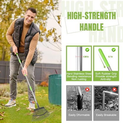 65 Inch 25 Tines Metal Leaf Rake Set with 32 Gal Bags Scoops, 18in Wide - style: Green