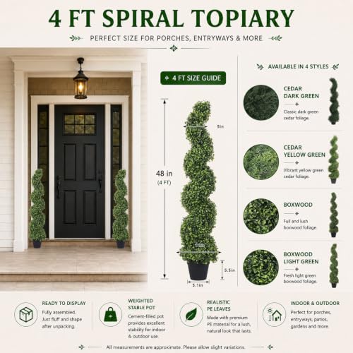 THE BLOOM TIMES 4ft Tall Spiral Topiary Trees Artificial Outdoor Set of 2 - color: Boxwood Light Green, size: 4ft
