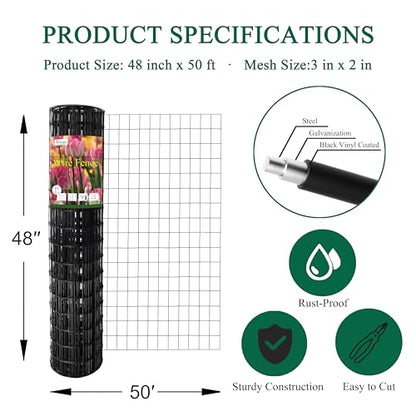 Black PVC Coated Welded Wire Fence 48" x 50' Roll, 2"x3" Mesh, 16 Gauge - color: Black, size: 2''x3'' 16GA 48''x50'