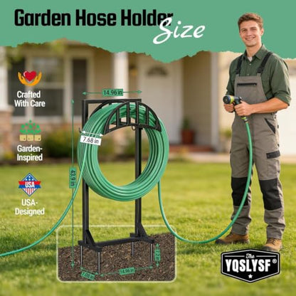 YQSLYSF Garden Hose Reel Holder, Water Hose Stand with 4 Stake and 2 Tool Hooks, Heavy-Duty Metal Hose Storage Holds 150Ft, Freestanding Hose Hanger Rack for Outside, Yard, Lawn, Farm（White） - color: Textured Black