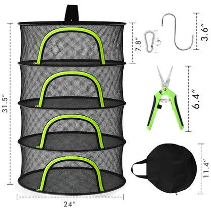 Herb Drying Rack Hanging Mesh 4 Layer 24" with Zipper, Garden Pruning Shear, Hook & Carabiner Clip for Drying Herbs, Plants, Seeds, Buds | Hydroponics & Grow Tents Herb Dryer Hanging Rack - style: 4 Layer 24"