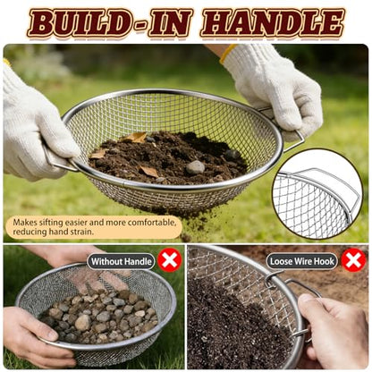 3PCS Soil Sifter 3,6,10mm Rock Sifting Screen with Handle Shovel Gloves - size: 3PCS(1/8in,1/4in,3/8in)