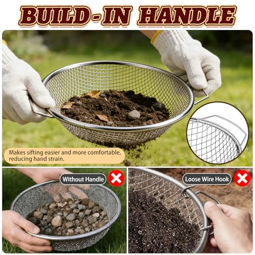 5PCS Soil Sifter 2,4,6,8,10mm Rock Sifting Screen with Handle Shovel Gloves - size: 5PCS(1/9in,1/6in,1/4in,1/3in,3/8in)