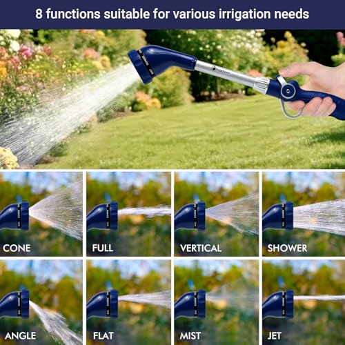 HugeDawn Garden Hose Wand, 16-Inch Heavy Duty Zinc Alloy & Aluminum Watering Wand with 8 Spray Patterns Thumb Control for Hanging Baskets, Garden, Cleaning (Blue) - color: Blue