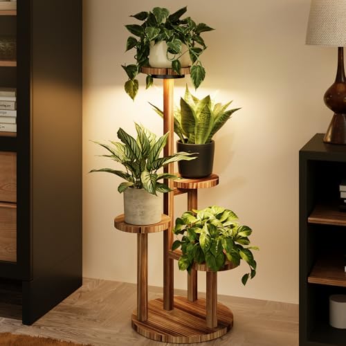 Bamworld Plant Stand Indoor with Grow Lights Plant Shelf 4 Tier Wood - color: Brown, size: 4 Tier Plus