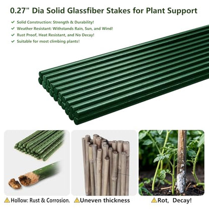 Garden Stakes 48 inch 20 Pack 0.27" Dia Solid Glassfiber Plant Support Rod Tomato Trellis Stakes (Green) - color: Green